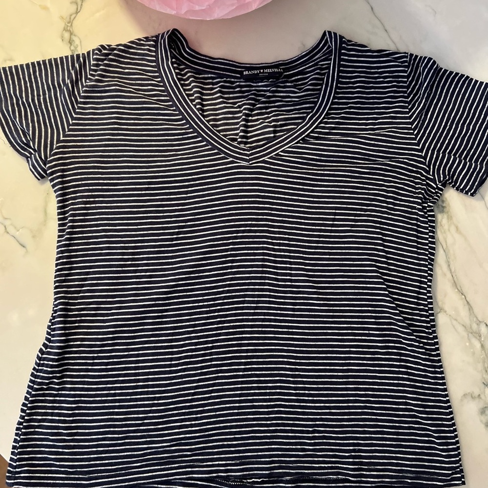 Brandy Melville Striped V Neck Tee One Size color Blue & White Pre Loved